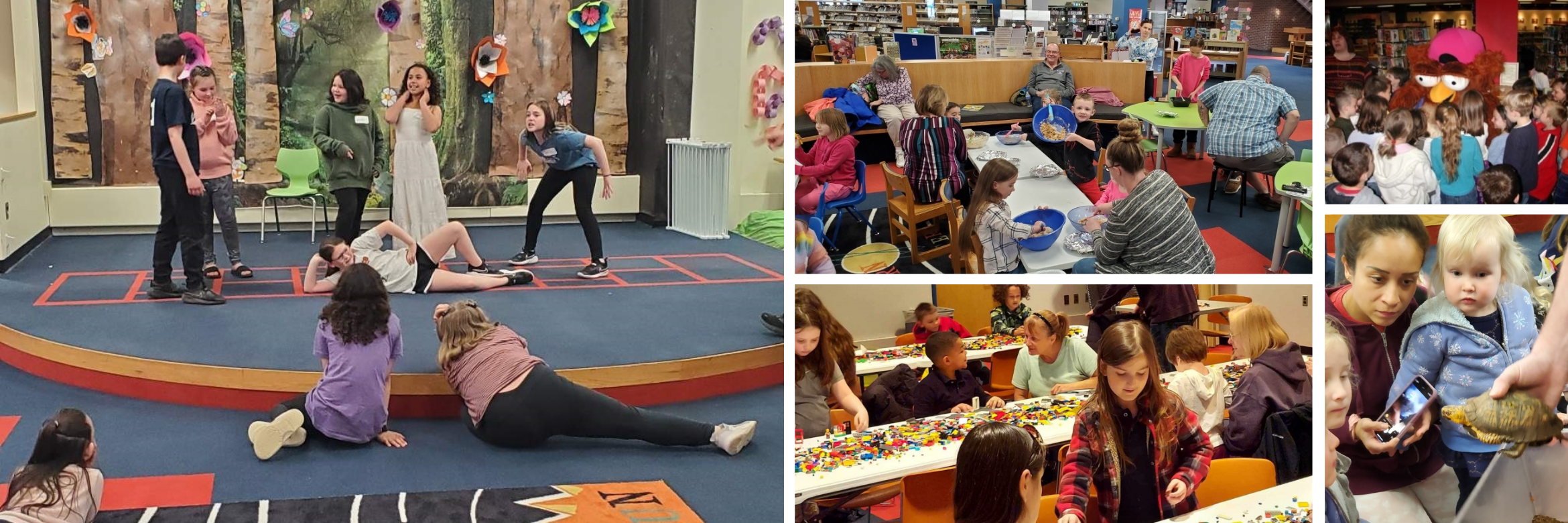 Children department collage showing various images of children and families enjoying library materials and events