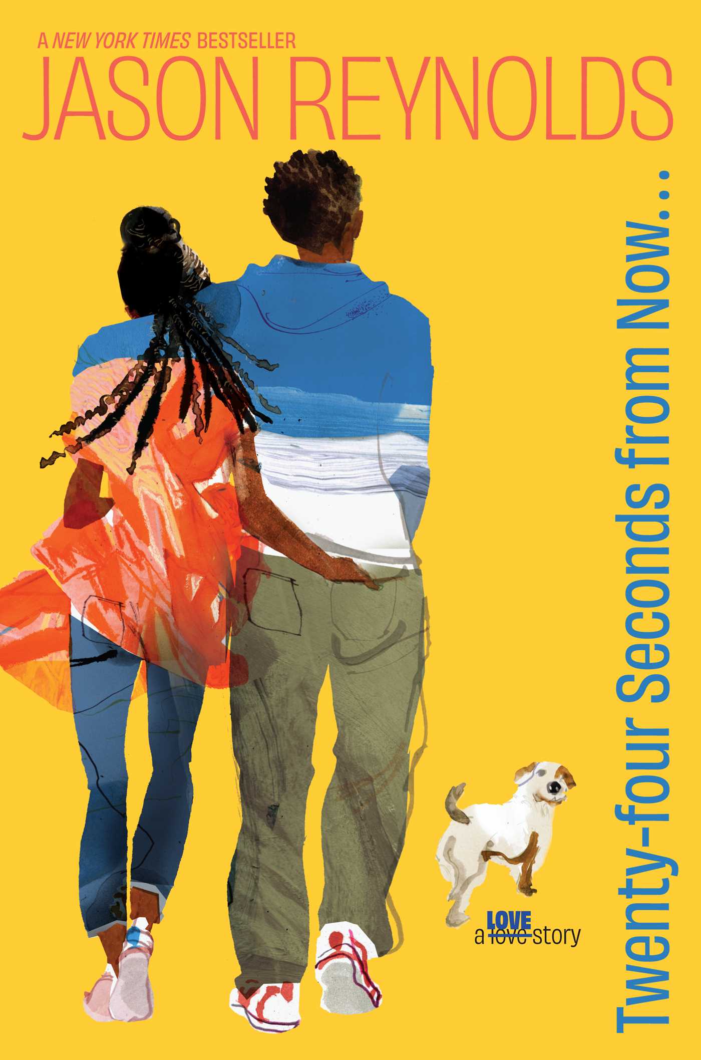 An image of a boy and girl walking away with a small dog beside them on a yellow background