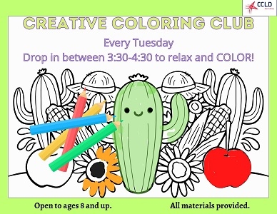 Colored pencils on partially colored picture of cactus and flowers. Coloring is every Tuesday at 3:30.