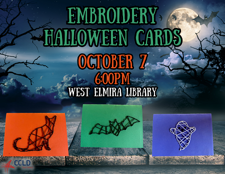 An orange card with the shape of a black cat, a green card with the shape of a black bat, and a purple card with the shape of a while ghost.  The back ground is a spooky  night with a full moon.