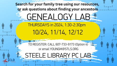 Genealogy Lab, Steele memorial Library: Thursdays in 2024: 10/24, 11/14, 12/12 at 1:30pm EST