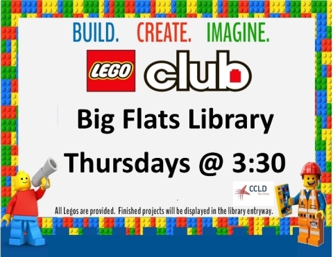 lego club sign.  Big Flats library lego club thursdays at 3:30pm