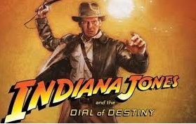 Harrison Ford in classical Indiana Jones pose snapping a whip. Other charcters also shown.