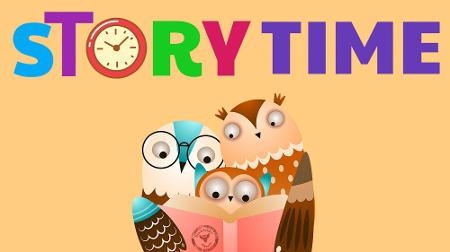 cartoon image of three owls sharing a book, underneath text that says "storytime" with a clock in place of the "o" 