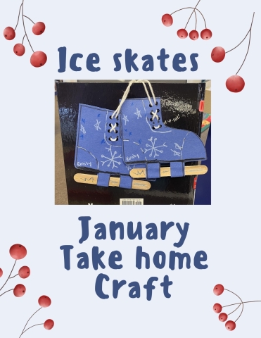 photo of construction paper ice skates with popsicle stick blade. text reads ice skates: january take home craft