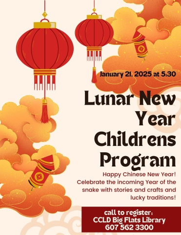 Lunar new year childrens program being offered on January 21st at 5:30 pm at Big Flats Library. image has a pink background and red chinese lanterns