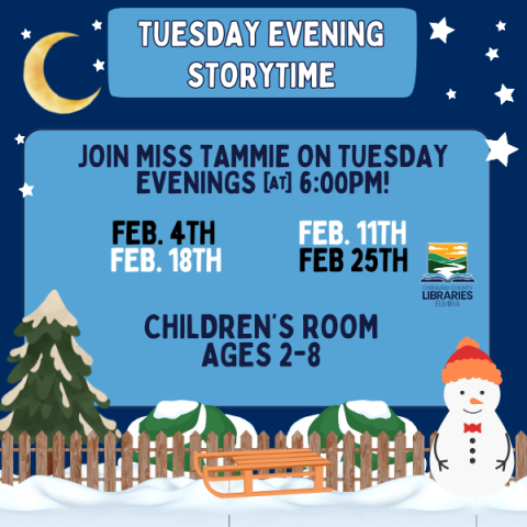 Tuesday Evening Storytime. Join Miss Tammie on Tuesday evenings @ 6:00pm!