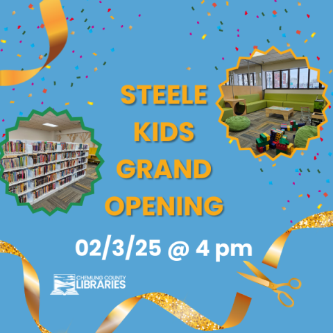 We're excited to announce the grand opening of our Steele Memorial Library Youth Department! Join us for a ribbon cutting at the new children's department followed by refreshments. Free and open to all ages. 