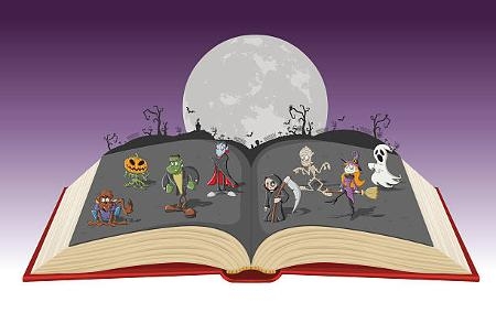 Cartoon Halloween charaters and books for a spooky family storytime 