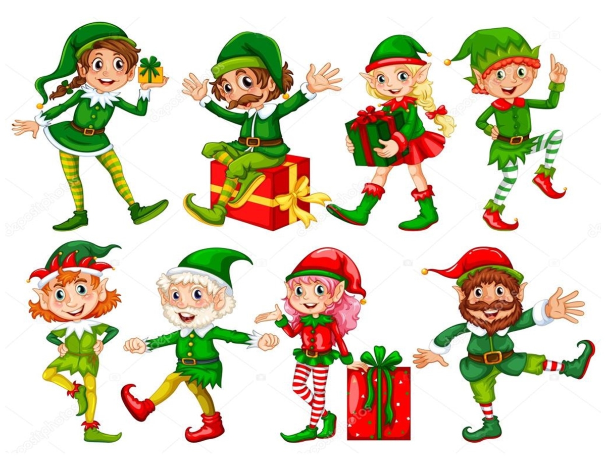 eight cartoon  christmas elves in a variety of active poses, with smiling faces