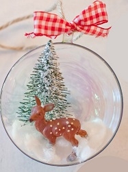 Deer, evergreen tree snow gobe hanging ornament