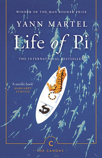 Book cover of "Life of Pi" Illustrated with boat, a boy and a tiger on a blue background. 